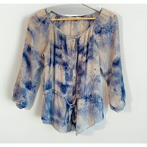 Rebecca Taylor Women’s 4 Marble Sheer Silk Top Drawstring Waist Fairy Romantic